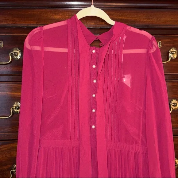 NWT Self-Portrait Hot Pink Tie-Neck Pleated Chiffon Midi Dress w/ Pearls Sz 8
